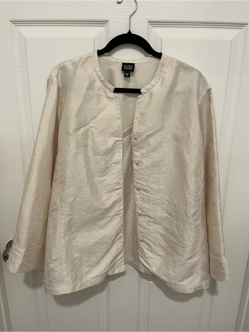 Eileen Fisher Button Front Crinkle Silk Shirt Womens Beige Size XL